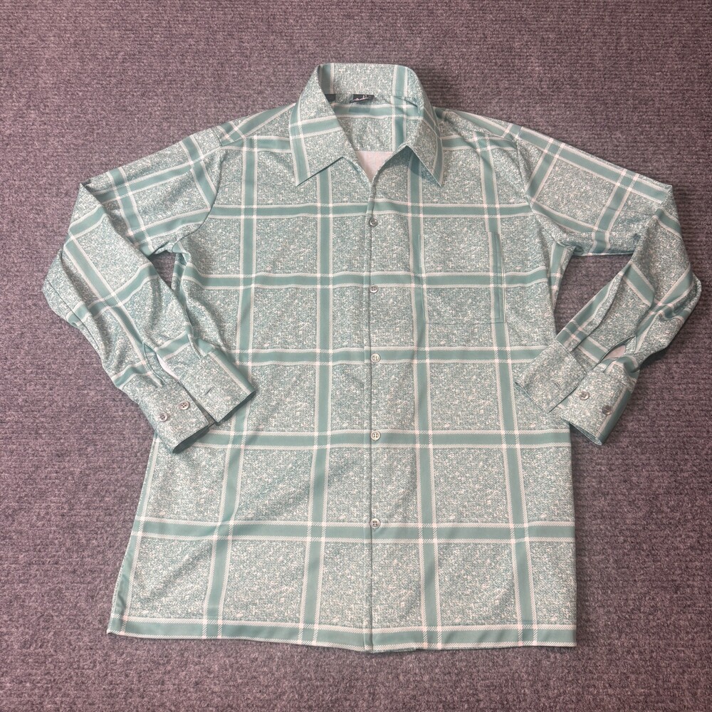 Vintage Jody Shirt Mens Large Green Plaid 100% Polyester Long Sleeve 70s